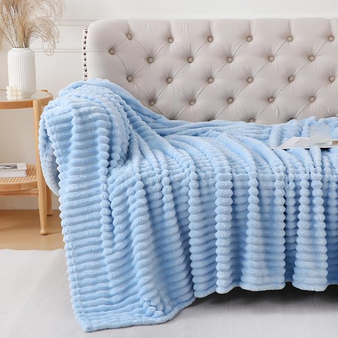 Light Blue Throw Blanket for Couch Sofa 108x90 inches Striped Design | Fleece - Image 5