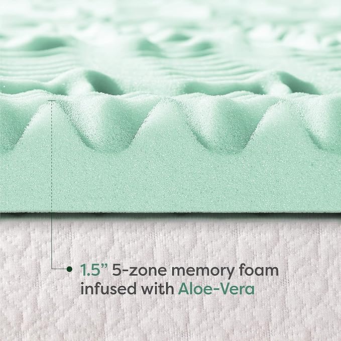 Mellow 1.5 Inch 5-Zone Memory Foam Mattress Topper, Calming Aloe Infusion, Dorm Essentials, Queen