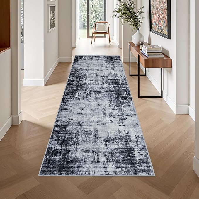 3x10 Washable Runner Rug：Modern Abstract Soft Carpet Dark Black | - Image 4