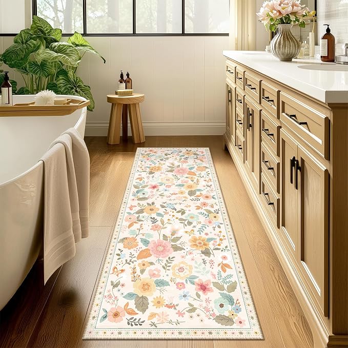 Floral Washable 2x10 Area Rugs Runner Entryway Hallway Beige/White/Orange | - Image 8
