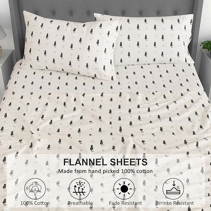 RUVANTI Flannel Sheets Full Size - 100% Cotton Double Brushed Bed Sheets Set, Deep Pockets 16 Inches, All Seasons Breathable & Extra Soft Full Sheets, Warm & Cozy, 4 Piece, Black Cat