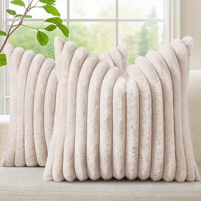 decorUhome Fall Faux Fur Throw Pillow Covers 24x24 Set of 2 Beige | Decorative by decorUhome