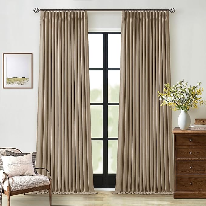 Light Brown Pleated Linen 100% Blackout Curtains 90 Inches Long by Twodrapes