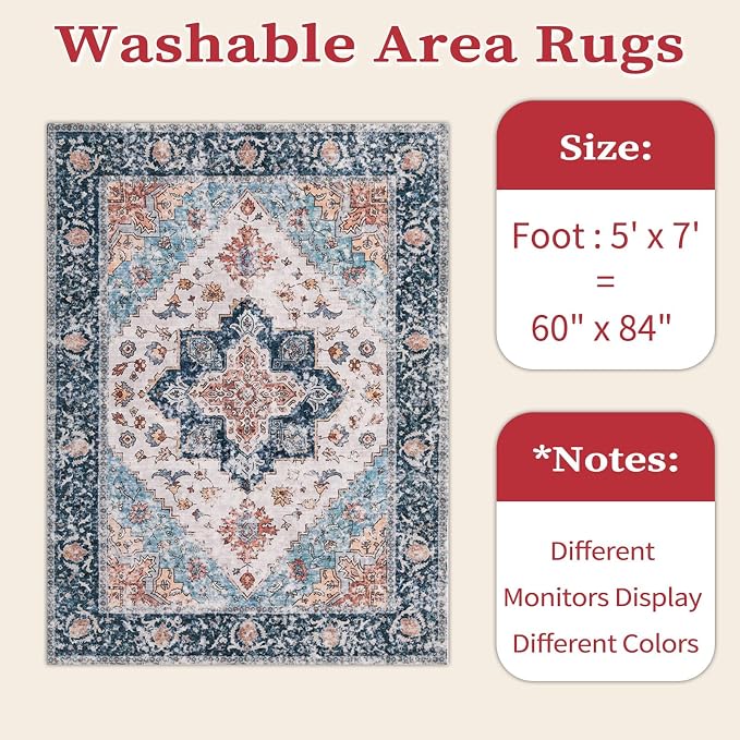 SERISSA 5x7 Washable Non Slip Boho Area Rug - Image 2