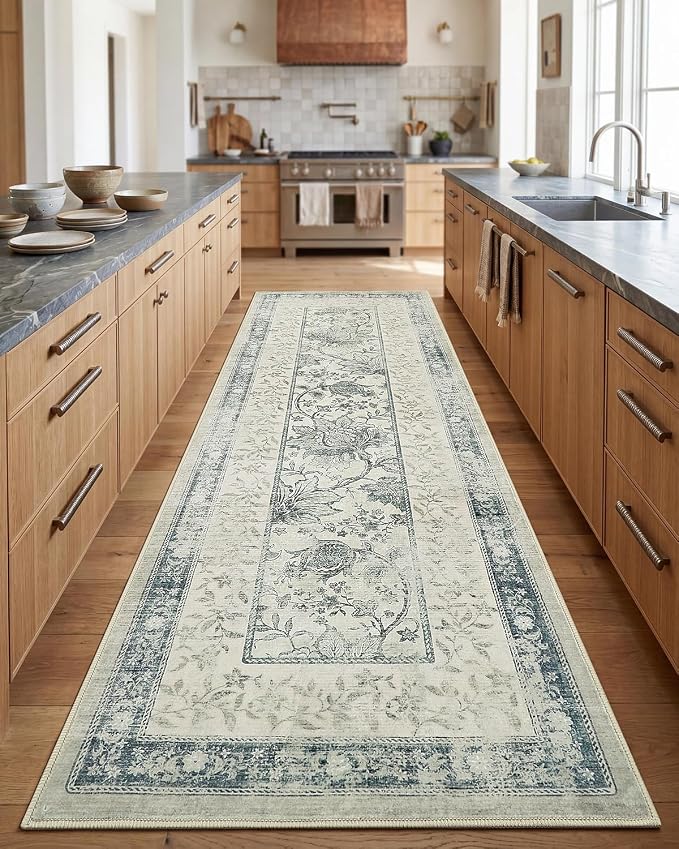 GarveeHome Vintage Blue Washable Kitchen Runner Rug: 2'6" x 8' Hallway Rug Non - Image 3