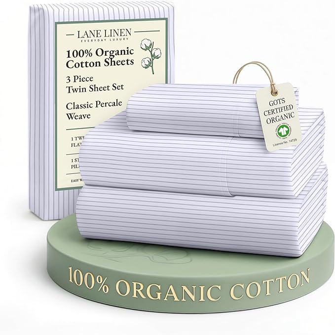 LANE LINEN 100% Organic Printed Cotton Sheets Twin Size, Classic Ticking Stripe Print (Available in Variety of Prints) Soft & Comfy Low Pill Fade Resistant Naturally Cooling Machine wash Twin Sheets