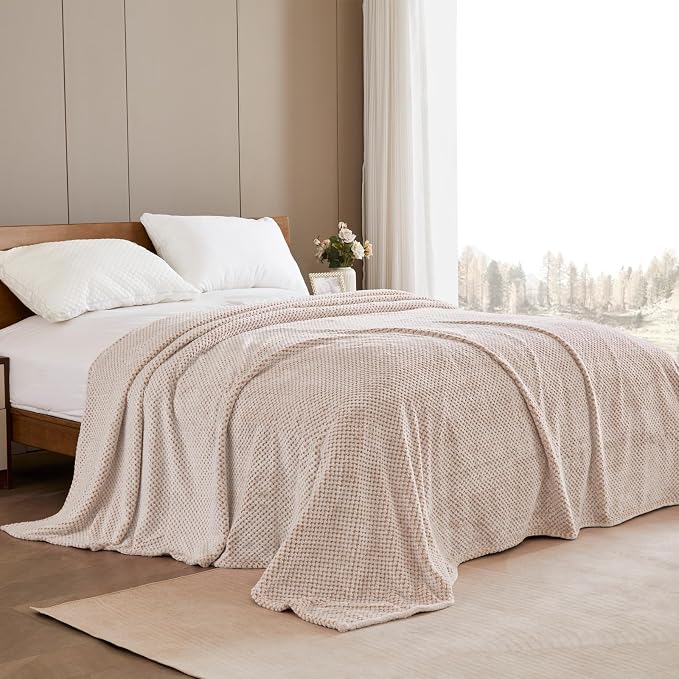 Exclusivo Mezcla Soft Waffle Fleece Bed Blanket King Size, Heather Tan | - Image 3