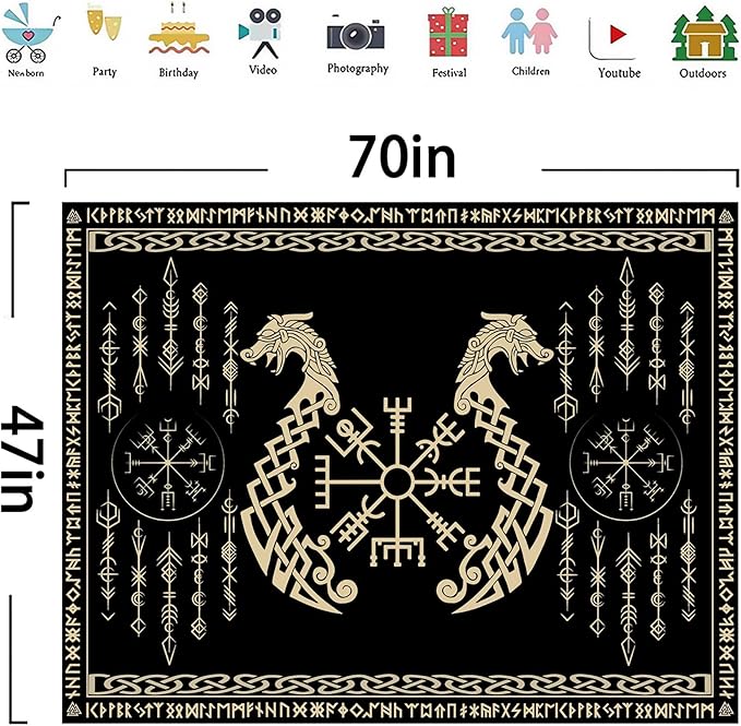 OSUNBD Nordic Vikings Tapestry, Small 7047 inches Soft Flannel, Vegvsir Symbol Twins Dragons Celtic Rune Scandinavian Aesthetic Mythology Tapestry Wall Hanging for Bedroom Living Room Decor