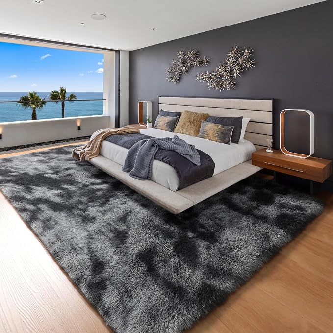 6x9 Area Rugs for Living Room Bedroom, Tie-Dyed Dark Grey Large Fluffy Bedside - Image 5