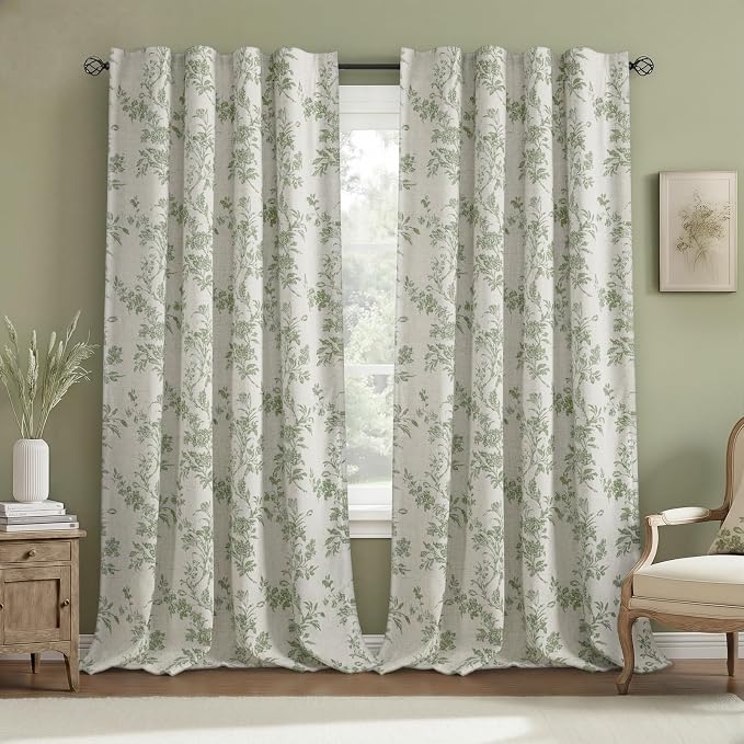Sage Green Boho Floral 100% Blackout Curtains 96 Inch 2 Panels | Farmhouse by Unknown