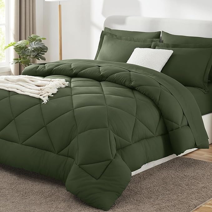CozyLux Queen Comforter Set Olive Green - Bed in a Bag Queen Size 7 Pieces, Luxury Soft Bed Set for All Seasons, Bedding Set with Down Alternative Comforter, Sheets, Pillowcases & Shams