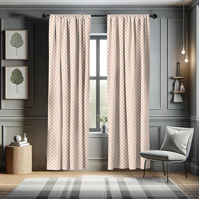 Ambesonne Geometric Curtains, Pale Salmon Colored Chess Table Like Modern Pink Color Squares Art Print, Window Treatments 2 Panel Set for Living Room Bedroom, Pair of - 28" x 84", Peach Cream