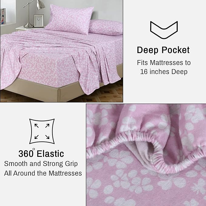 RUVANTI Flannel Sheets Twin XL Size - 100% Cotton Double Brushed Twin XL Sheet Sets, Deep Pockets 16 Inches, All Seasons Breathable & Extra Soft Bed Sheets, Warm & Cozy, 3 Piece, Pink Flora
