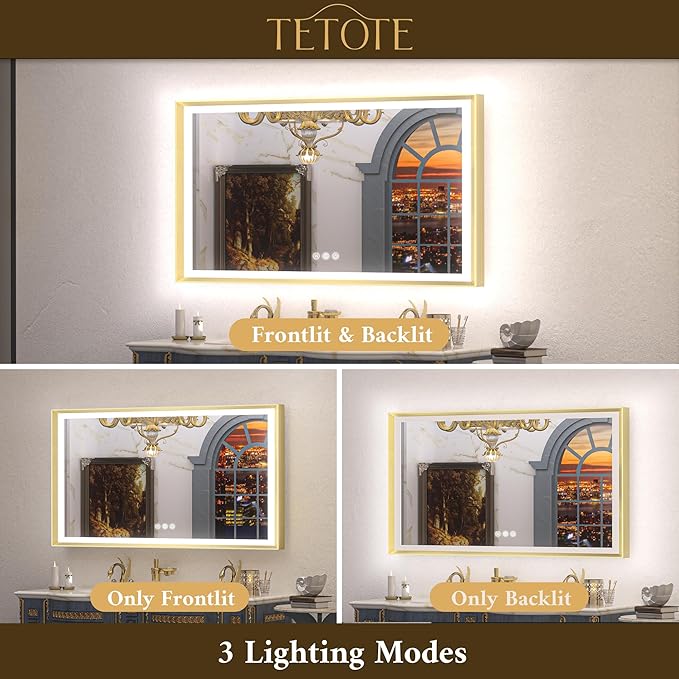TETOTE 36x36 LED Mirror for Bathroom Gold Metal Frame Frontlit & Backlit Lighted Vanity Mirror Baroque Anti Fog Stepless Dimmable White/Warm/Natural,CRI90+,Waterproof,Wall Mounted(Horizontal/Vertical)