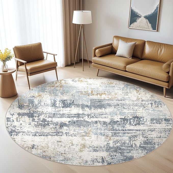 LOONGRUG Round Rug 7x7 Washable Large Neutral Modern Area Rugs Blue | Abstract by LOONGRUG