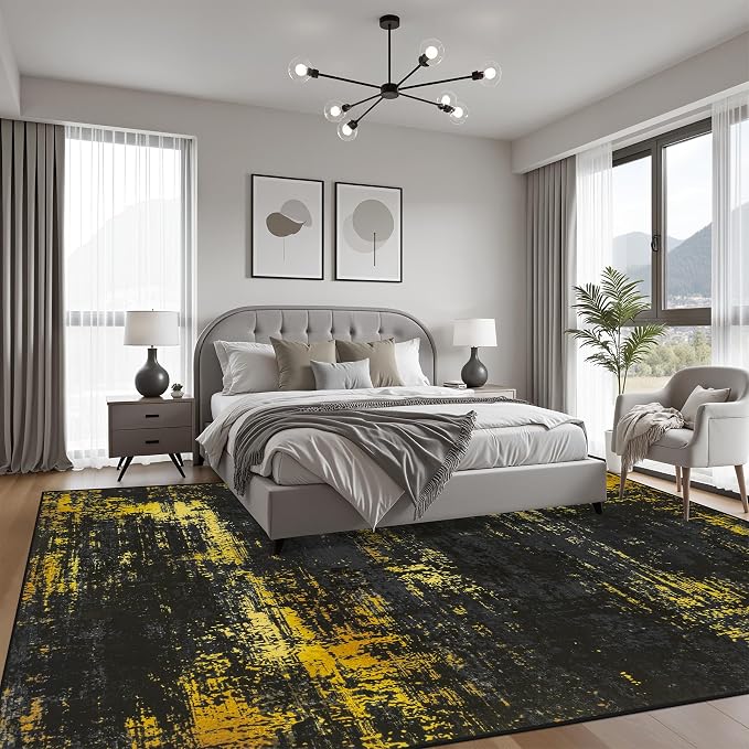 9x12 Area Rug Living Room: Modern Washable Soft Carpet Black Gold | - Image 3
