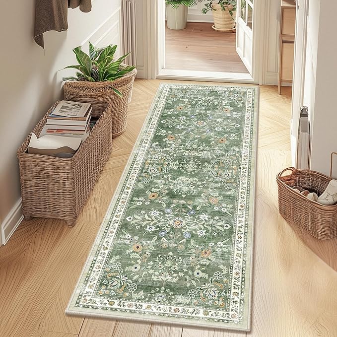 Yamaziot 2x12 Washable Hallway Runner Rug Non Slip Floral Carpet, Sage Green | - Image 7