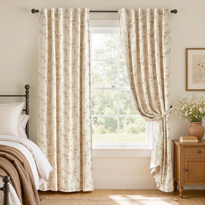 Blackout Vintage Floral Linen Curtains Taupe on Beige 50×90 2 Panels | Elisa by Lazzzy