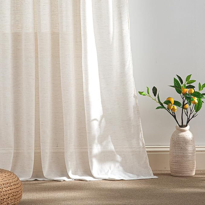 RYB HOME Sheer Curtains 108 inches Long Linen Blend Vertical Extra Long High Ceiling Window Drapes for Living Room, Office, Nursery, Rod Pocket & Back Tab, Ivory, W 52 x L 108 inch, Set of 2
