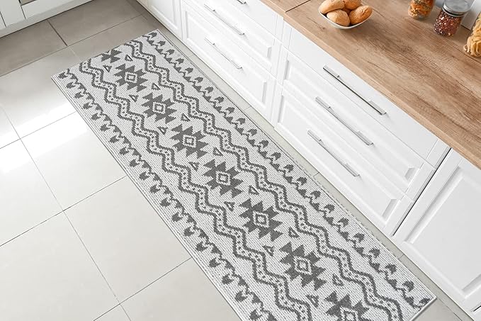Custom Size Southwestern Style Runner Rug Mat for Wide Hallway Entryway Kitchen Laundry Room with Slip Resistant Latex Rubber Backing, Aztec Light Grey, 31 inch X 8 feet