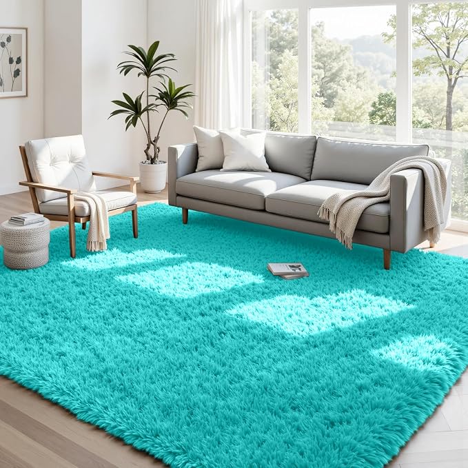 4x6 Fluffy Shag Area Rugs for Living Room Bedroom: Soft Carpet Teal Blue | by CarpetAddColortoYourLife