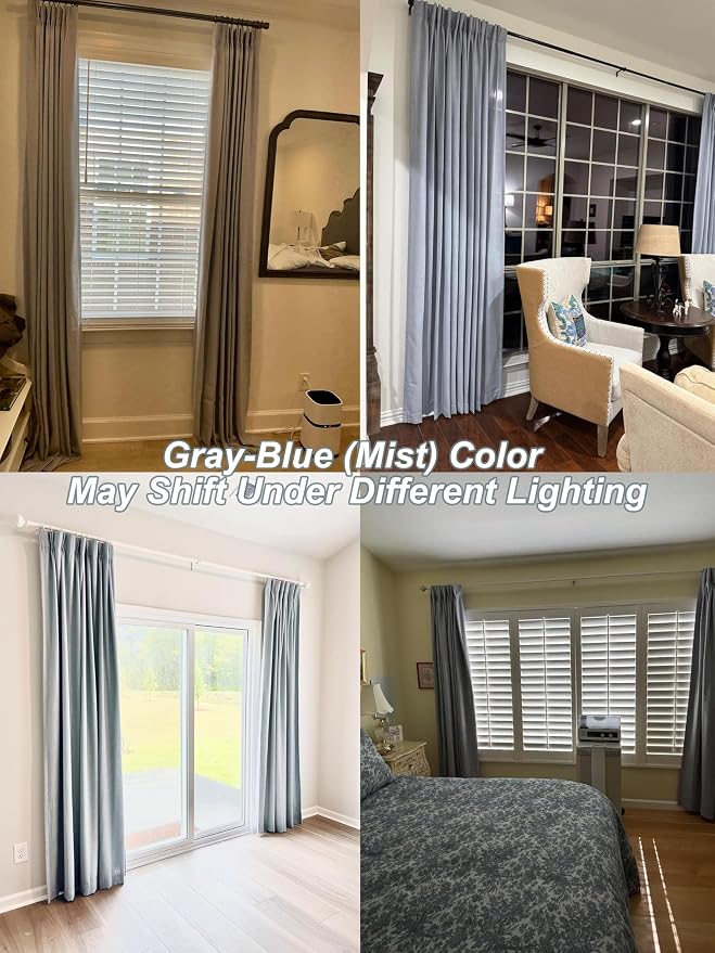 Vision Home Blue Gray Pinch Pleated Full Blackout Curtains Linen Blended Room - Image 4