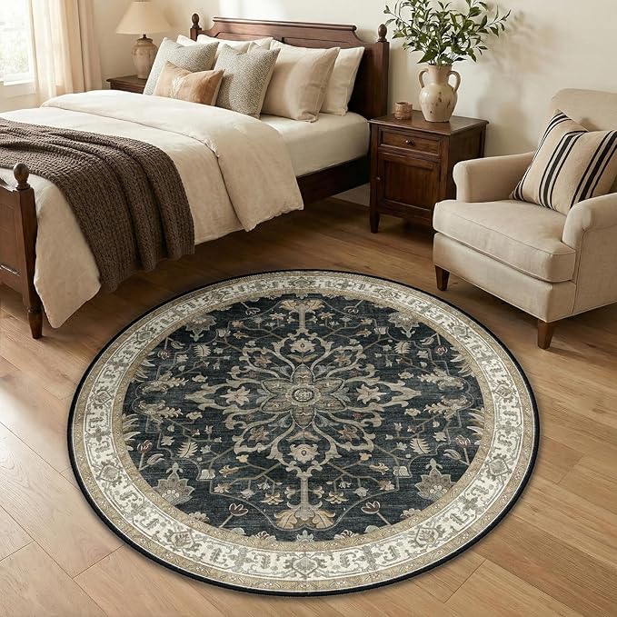 RELEANY Washable Area Rug, Round 4ft, Water Repellent, Pet Friendly, Vintage by RELEANY