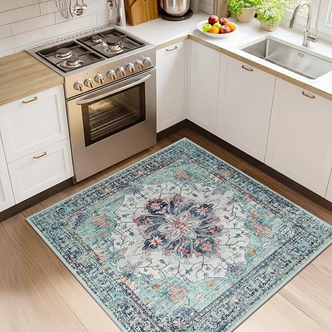 RELEANY Washable Area Rug, Square 4'x4', Teal Green/White/Navy | Non-Slip by RELEANY