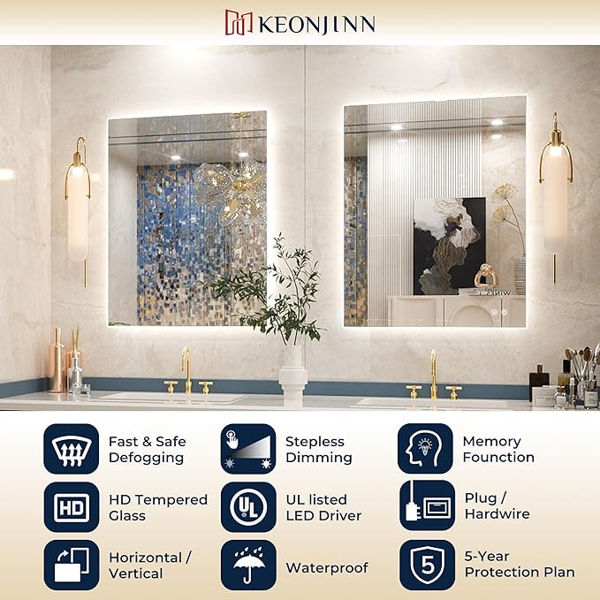 Keonjinn Backlit Mirror Bathroom 48” x 30”, Anti-Fog Mirror with Lights, CRI90+ HD Tempered Glass, Waterproof, UL Listed, Stepless Dimmable LED Mirrors for Bathroom, High Lumen, 6000K Bright