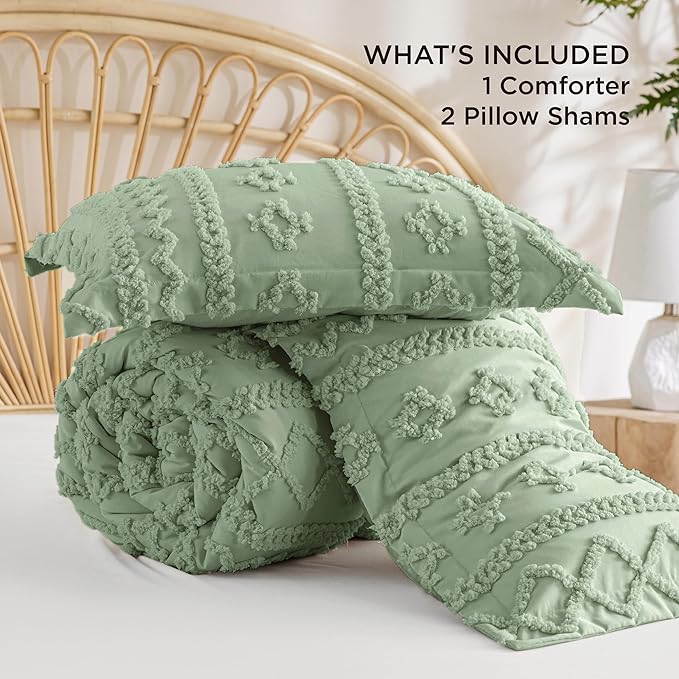 Bedsure Tufted Boho Comforter Set King Size - Sage Green Boho Bed Set, GentleSoft™ 3 Pieces Farmhouse Shabby Chic Embroidery Bedding, Gifts for Woman, Soft Jacquard King Comforter for All Seasons