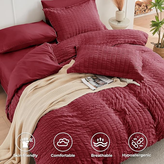 HYMOKEGE Burgundy Twin Comforter Set Seersucker 5 Pieces, All Season Luxury Bed in a Bag for Bedroom, Bedding Set with Comforters, Sheets, Pillowcase & Sham
