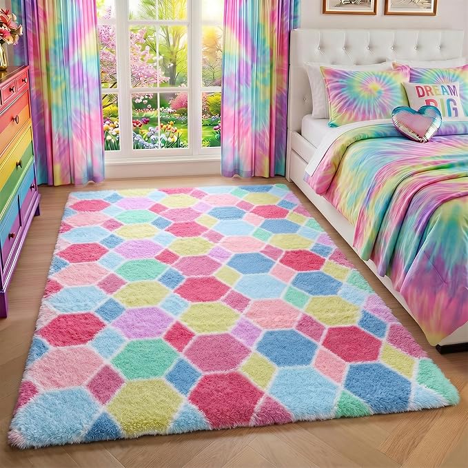 Checkered Pink Rainbow Area Rugs, Fluffy 5x8 Geometric Rug - Image 6