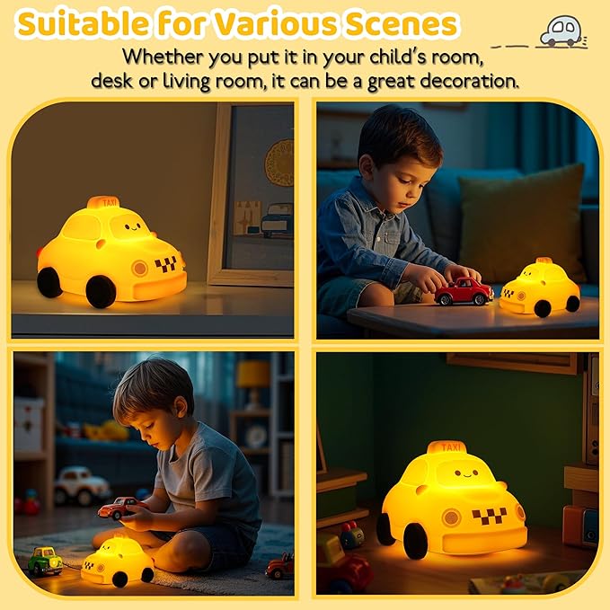 Car Night Light for Kids - 2-in-1 Dimmer & Timer, Rechargeable Squishy Silicone Baby Lamp, Cute Taxi Car Nightlight for Boys Girls Birthday Xmas Gifts Bedroom Decor Lamp