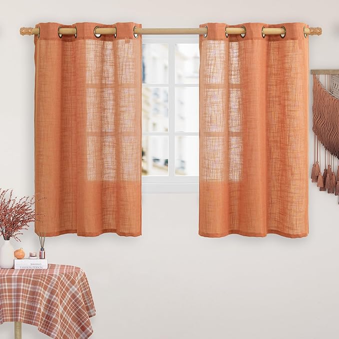 Orange Linen Curtains 54 Inch Length, Semi Sheer Light Filtering Panels Bronze by LAMIT