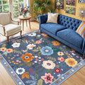 RELEANY Floral Washable Square 6ft Area Rug Blue/Grey | Flower Carpet Print by RELEANY