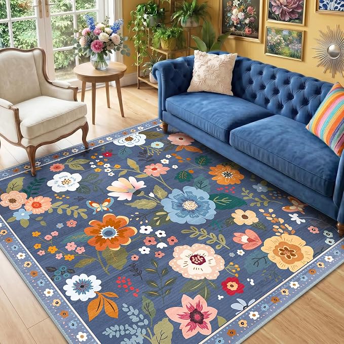 RELEANY Floral Washable Square 4ft Area Rug Blue/Grey | Flower Carpet Print - Image 6