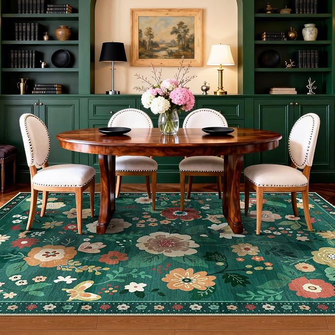 RELEANY Floral Washable 5x7 Area Rugs DarkGreen | Flower Carpet Print Boho Cute - Image 7