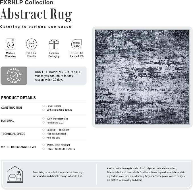 Area Rug Living Room: 4x4 Modern Washable Indoor Carpet Black | - Image 2
