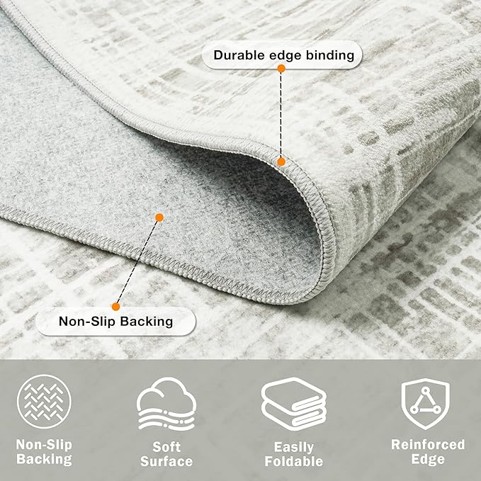8x10 Washable Area Rug for Living Room Bedroom: Non-Slip Modern White Gray | - Image 4