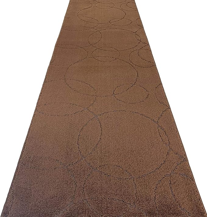 Custom Size Modern Geometric Pattern Carpet Runner Rug for Hallways, Slip Resistant Latex Rubber Backed, 31 inch Wide X Customized Length, Circles Brown, 31 inch X 21 feet