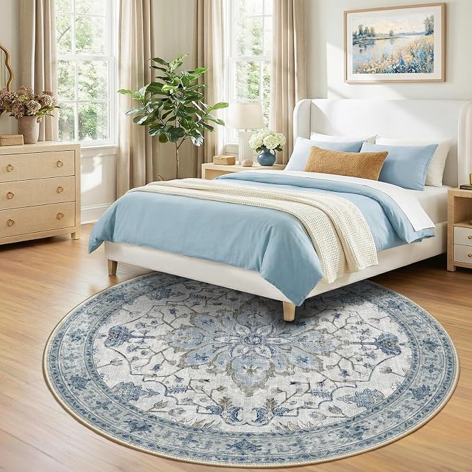 RELEANY Washable Area Rug, Round 8ft, Water Repellent, Pet Friendly, Vintage - Image 3