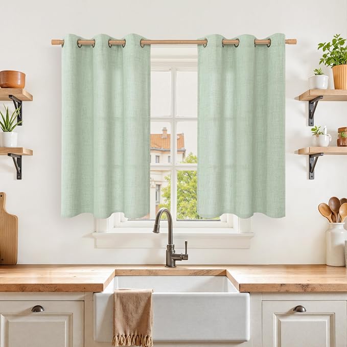 YoungsTex Sage Green Kitchen Window Curtains, Short Linen Drapes by YoungsTex