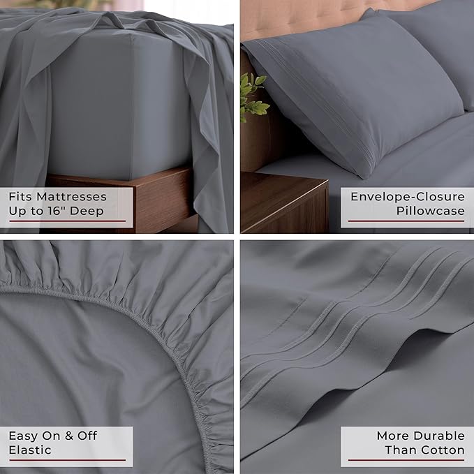 Mellanni King Sheets Set - 4 PC Iconic Collection Bedding - Hotel Luxury, Extra Soft, Cooling Bed Sheets - Wrinkle, Fade, Stain Resistant (King, Mineral Gray)