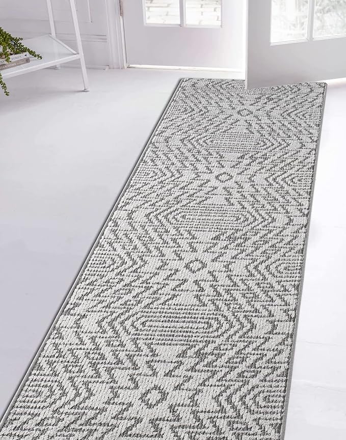 Custom Size Southwestern Style Runner Rug Mat for Wide Hallway Entryway Kitchen Laundry Room with Slip Resistant Latex Rubber Backing, Inca Grey, 31 inch X 20 feet
