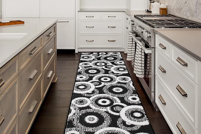 Custom Length Cut to Size Modern Farmhouse Carpet Runner Rug for Hallways, Non Slip Rubber Backed, 31 inch Wide X Customized Length, Geo Black, 31 inch X 21 feet