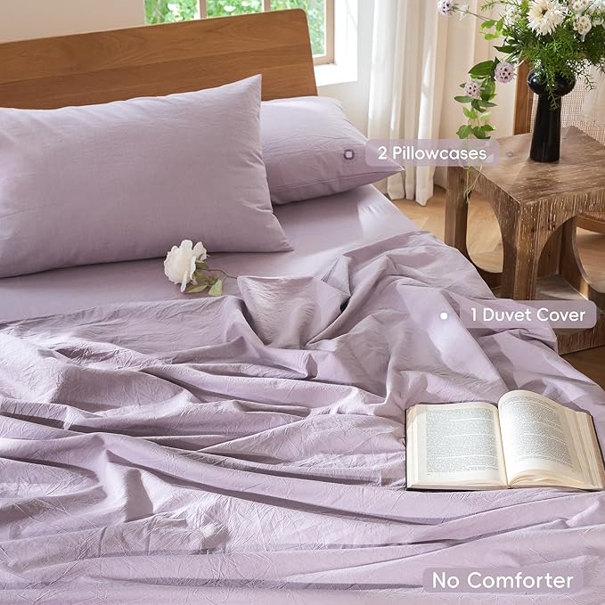 MooMee Bedding Duvet Cover Set 100% Washed Cotton Linen Like Textured Breathable Durable Soft Comfy (Heathered Light Purple, Palatial King/Oversized King 120"x98")