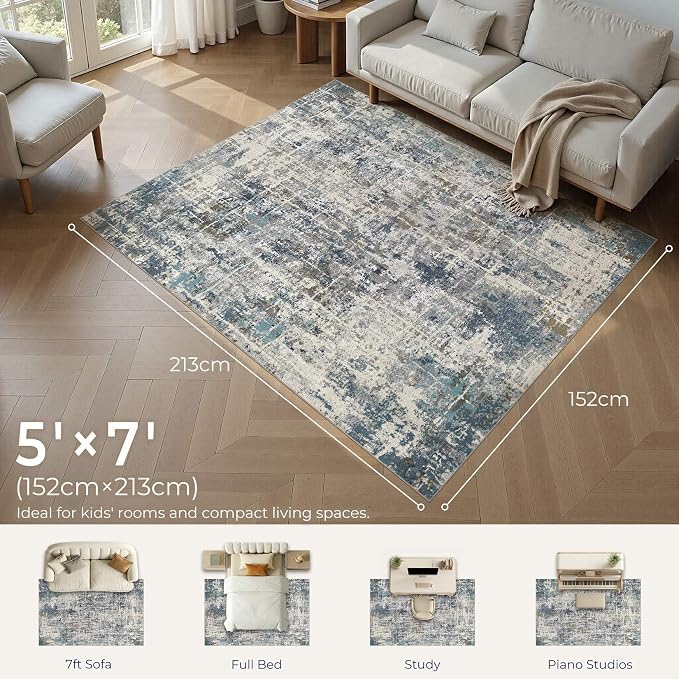 DMOYEST Area Rug Living Room Rugs 5x7 Washable Abstract Carpet | Neutral Modern - Image 2