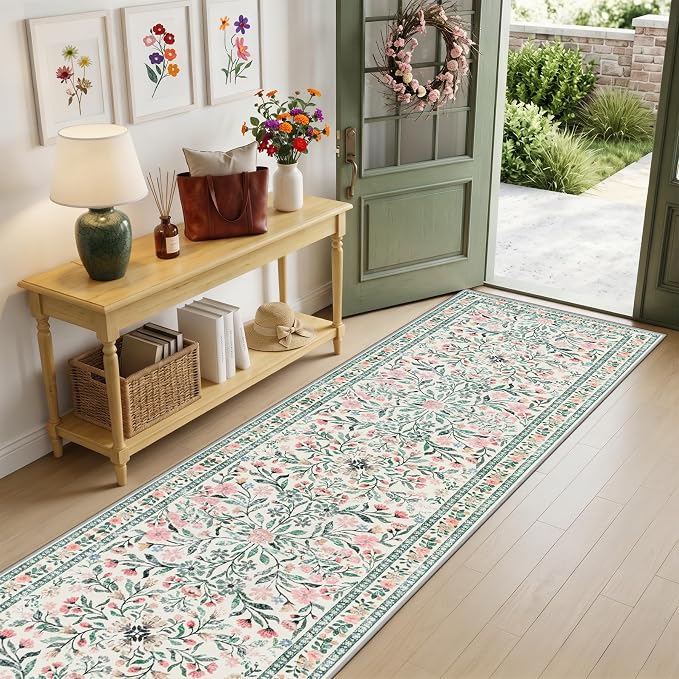 PLHXFR 2.6x14 Washable Runner Rug：Floral Indoor Kitchen Carpet Green Beige | - Image 2