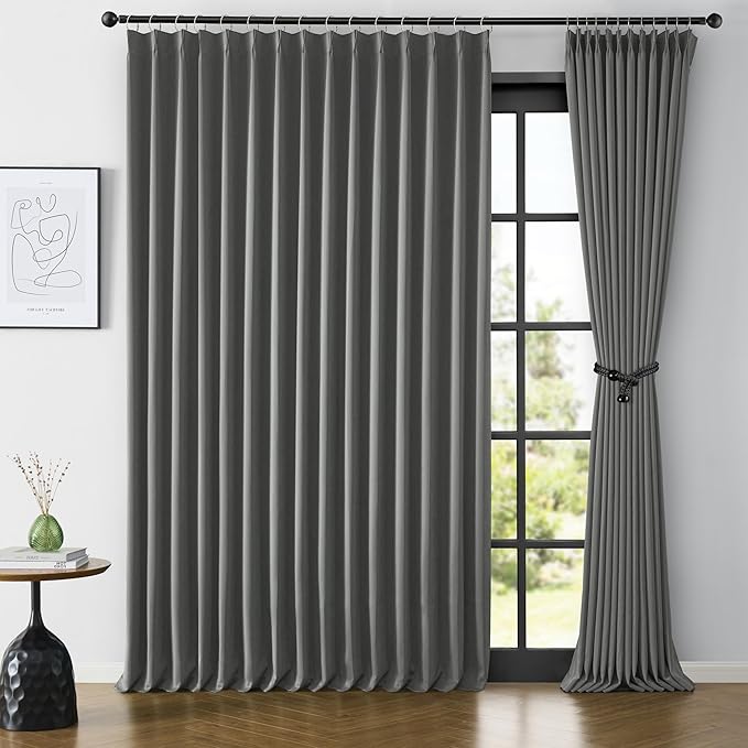 Grey Pinch Pleat Curtains & Drapes 105 Inches Long 2 Panels Set, Privacy by KEQIAOSUOCAI