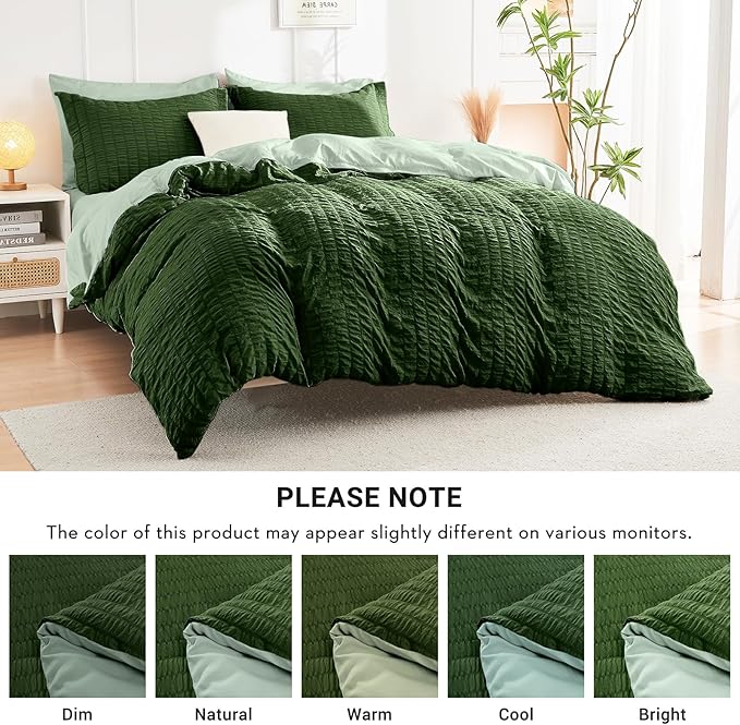 HYMOKEGE Dark Green/Sage Green Full Size Comforter Sets Seersucker 7 Pieces, All Season Luxury Bed in a Bag for Bedroom, Bedding Set with Comforter, Sheets, Pillowcases & Shams